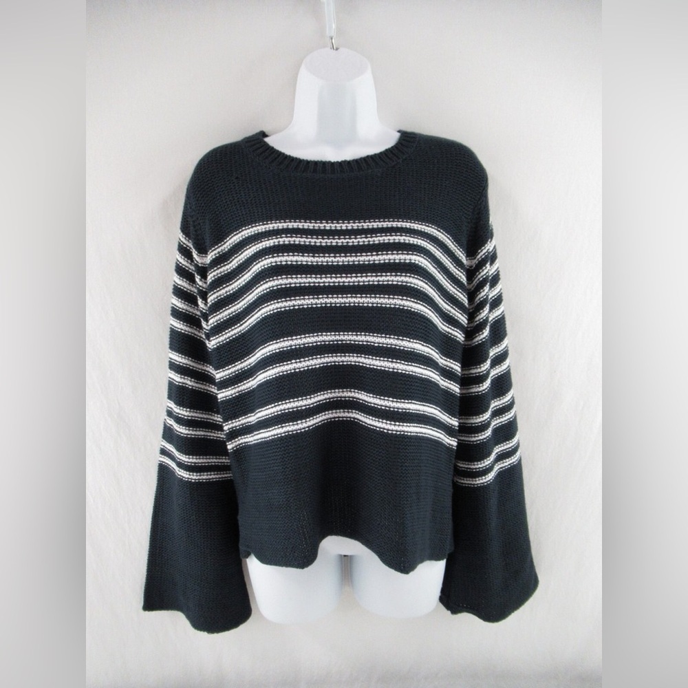 Aqua Striped Bell Sleeve Sweater XS Navy Y2K Nautical Coastal Grandma Preppy